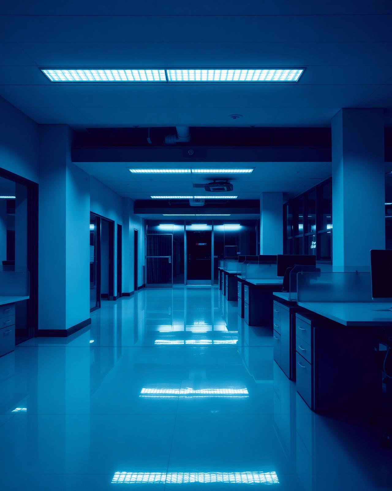 Freshly cleaned commercial office interior with glossy floors