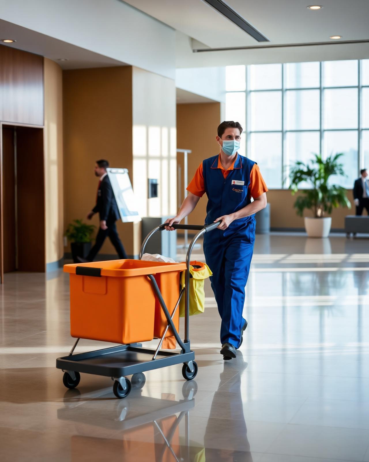 Day porter pushing a janitorial cart through a bright lobby